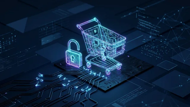 Conceptual illustration of a digital shopping cart and an unlocked padlock representing an e-commerce security vulnerability